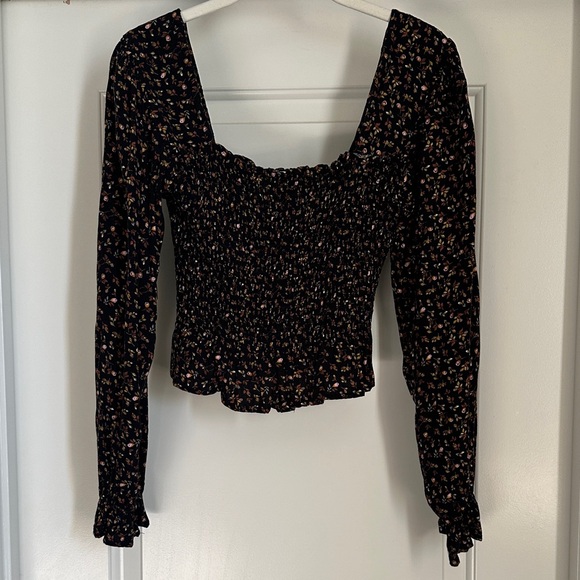 bp Tops - B.P. Floral Black Smocked Crop Top Size S